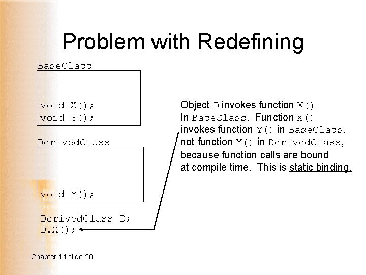 Problem with Redefining Base. Class void X(); void Y(); Derived. Class D; D. X();