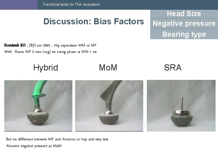 Functional tests for THA evaluation Discussion: Bias Factors Head Size Negative pressure Bearing type Functional tests for THA evaluation Discussion: Bias Factors Head Size Negative pressure Bearing type