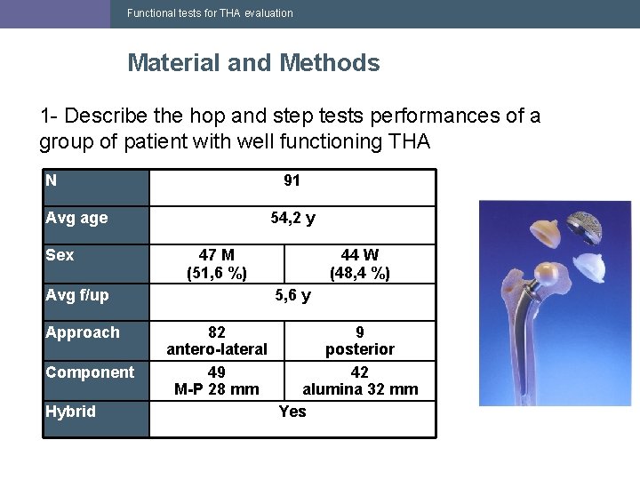 Functional tests for THA evaluation Material and Methods 1 - Describe the hop and Functional tests for THA evaluation Material and Methods 1 - Describe the hop and