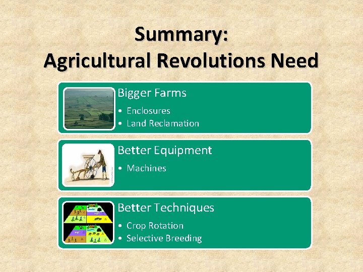 Summary: Agricultural Revolutions Need Bigger Farms • Enclosures • Land Reclamation Better Equipment • Summary: Agricultural Revolutions Need Bigger Farms • Enclosures • Land Reclamation Better Equipment •