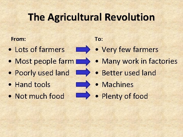 The Agricultural Revolution From: • • • Lots of farmers Most people farm Poorly The Agricultural Revolution From: • • • Lots of farmers Most people farm Poorly