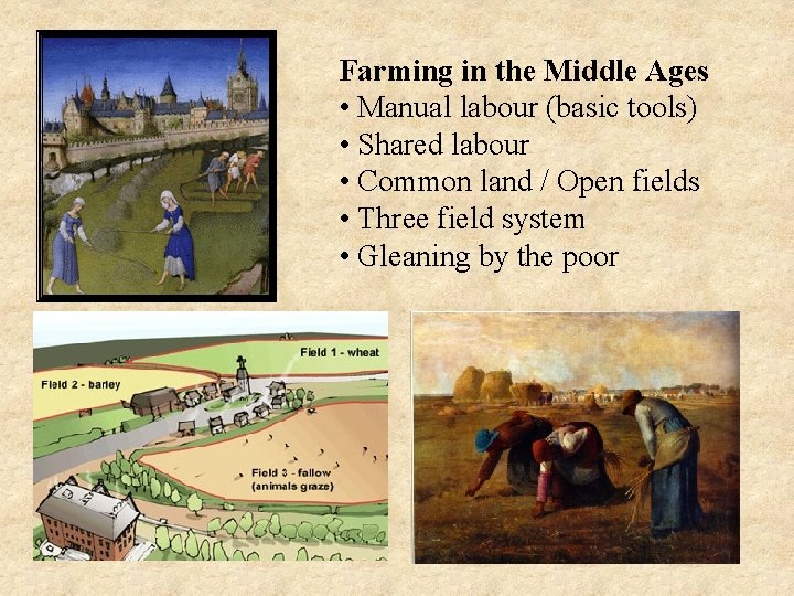 Farming in the Middle Ages • Manual labour (basic tools) • Shared labour • Farming in the Middle Ages • Manual labour (basic tools) • Shared labour •