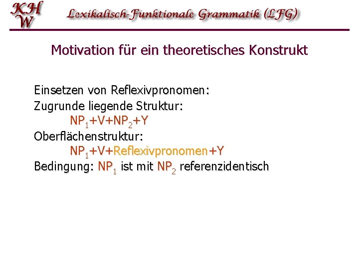 Motivation für ein theoretisches Konstrukt Einsetzen von Reflexivpronomen: Zugrunde liegende Struktur: NP 1+V+NP 2+Y Motivation für ein theoretisches Konstrukt Einsetzen von Reflexivpronomen: Zugrunde liegende Struktur: NP 1+V+NP 2+Y