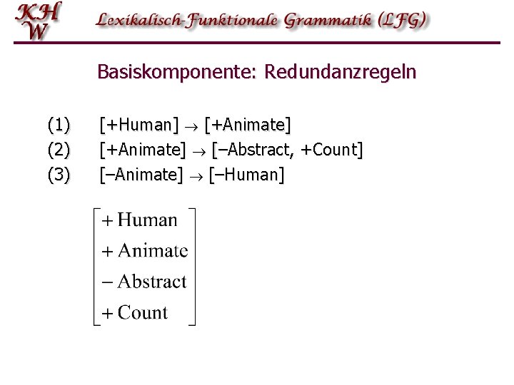 Basiskomponente: Redundanzregeln (1) (2) (3) [+Human] [+Animate] [–Abstract, +Count] [–Animate] [–Human] 