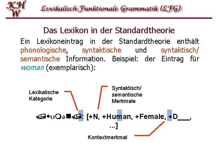 Das Lexikon in der Standardtheorie Ein Lexikoneintrag in der Standardtheorie enthält phonologische, syntaktische und Das Lexikon in der Standardtheorie Ein Lexikoneintrag in der Standardtheorie enthält phonologische, syntaktische und