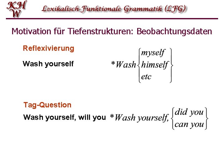 Motivation für Tiefenstrukturen: Beobachtungsdaten Reflexivierung Wash yourself Tag-Question Wash yourself, will you Motivation für Tiefenstrukturen: Beobachtungsdaten Reflexivierung Wash yourself Tag-Question Wash yourself, will you