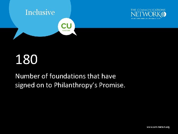 Inclusive 180 Number of foundations that have signed on to Philanthropy’s Promise. www. com-matters.