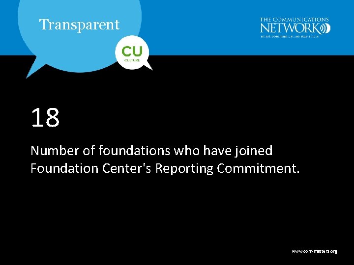 Transparent 18 Number of foundations who have joined Foundation Center's Reporting Commitment. www. com-matters.