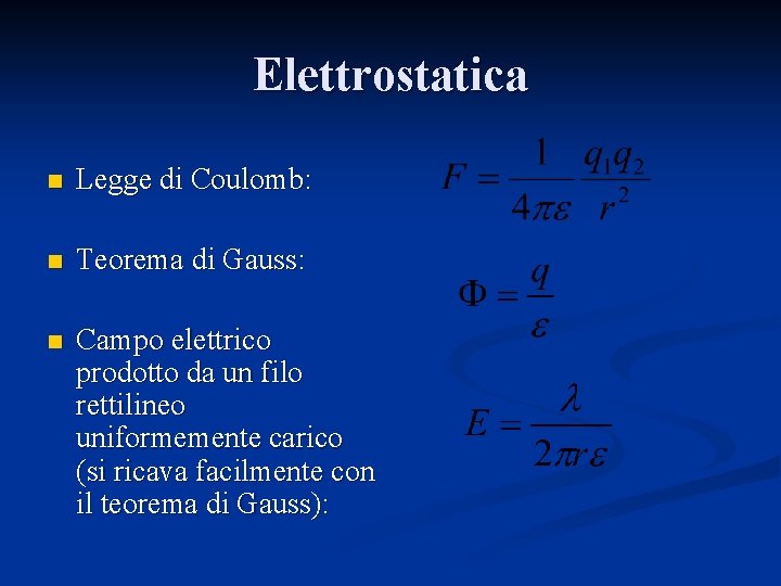 Elettrostatica n Legge di Coulomb: n Teorema di Gauss: n Campo elettrico prodotto da