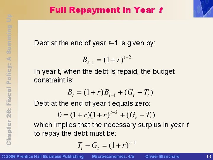 Chapter 26: Fiscal Policy: A Summing Up Full Repayment in Year t Debt at