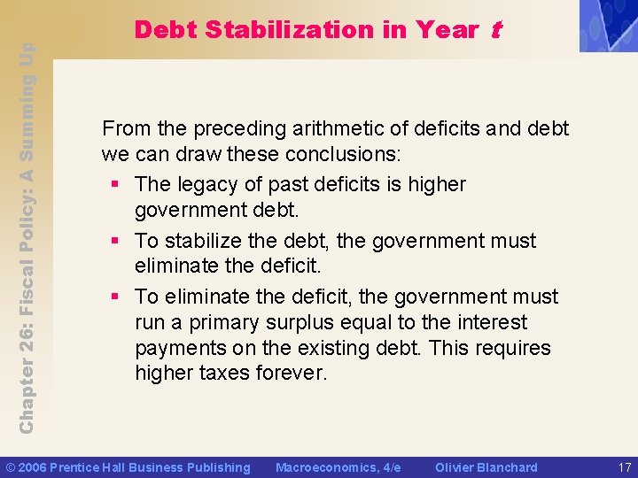 Chapter 26: Fiscal Policy: A Summing Up Debt Stabilization in Year t From the