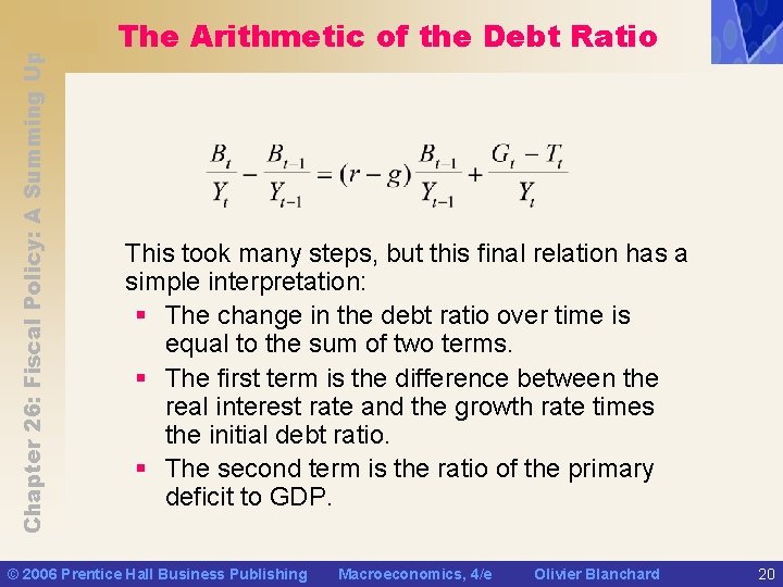 Chapter 26: Fiscal Policy: A Summing Up The Arithmetic of the Debt Ratio This