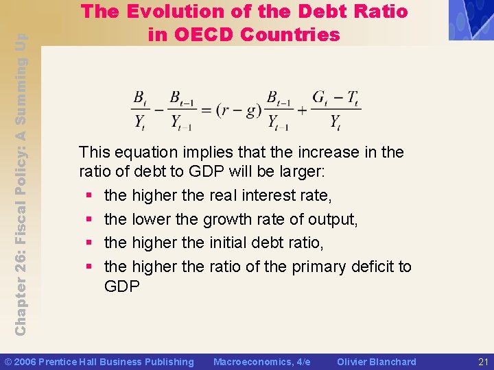 Chapter 26: Fiscal Policy: A Summing Up The Evolution of the Debt Ratio in
