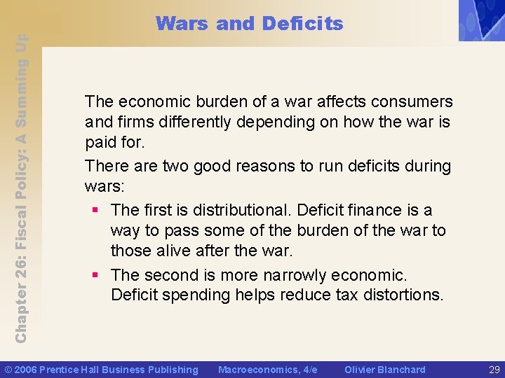 Chapter 26: Fiscal Policy: A Summing Up Wars and Deficits The economic burden of