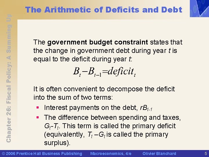 Chapter 26: Fiscal Policy: A Summing Up The Arithmetic of Deficits and Debt The