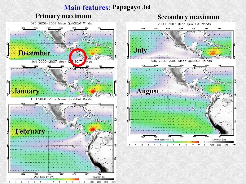 Main features: Papagayo Jet Primary maximum December January February Secondary maximum July August 