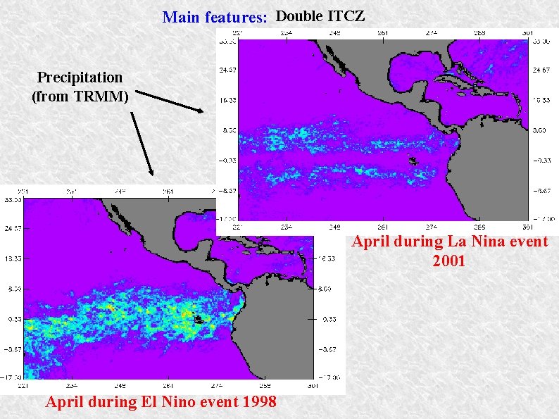 Main features: Double ITCZ Precipitation (from TRMM) April during La Nina event 2001 April Main features: Double ITCZ Precipitation (from TRMM) April during La Nina event 2001 April