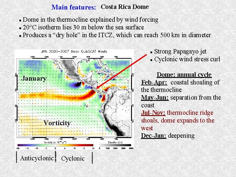 Main features: Costa Rica Dome in thermocline explained by wind forcing 20°C isotherm lies