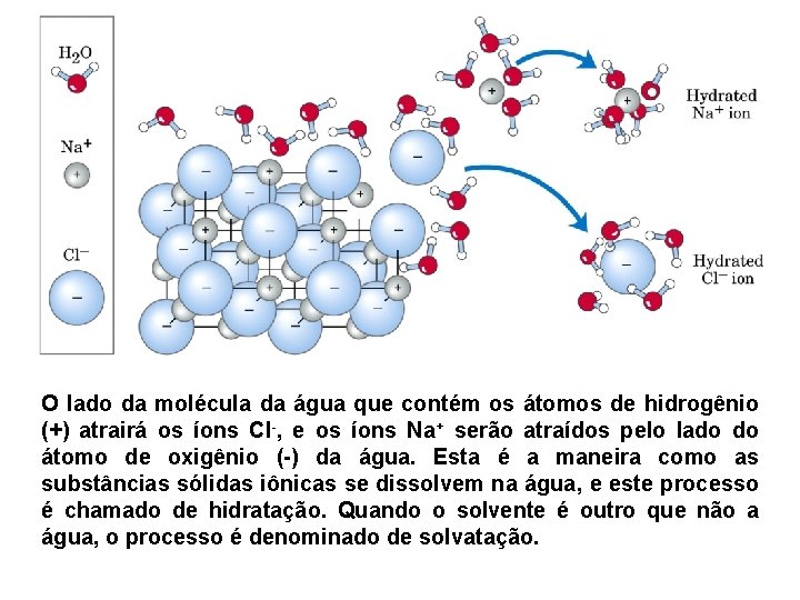 O lado da molécula da água que contém os átomos de hidrogênio (+) atrairá