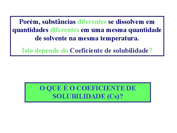 Porém, substâncias diferentes se dissolvem em quantidades diferentes em uma mesma quantidade de solvente
