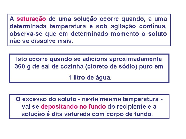 A saturação de uma solução ocorre quando, a uma determinada temperatura e sob agitação