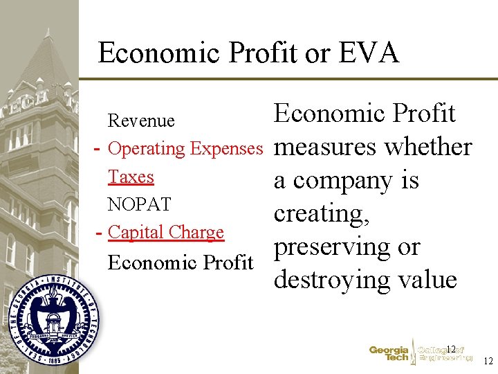 Economic Profit or EVA Revenue - Operating Expenses Taxes NOPAT - Capital Charge Economic Economic Profit or EVA Revenue - Operating Expenses Taxes NOPAT - Capital Charge Economic