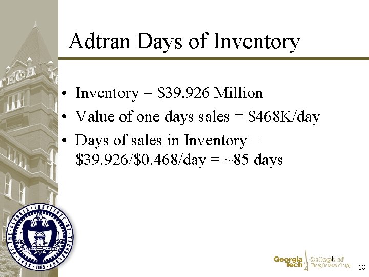 Adtran Days of Inventory • Inventory = $39. 926 Million • Value of one Adtran Days of Inventory • Inventory = $39. 926 Million • Value of one