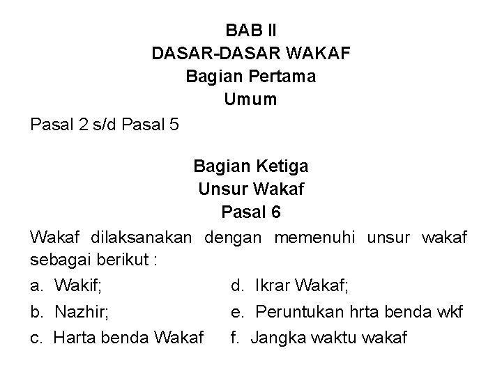 BAB II DASAR-DASAR WAKAF Bagian Pertama Umum Pasal 2 s/d Pasal 5 Bagian Ketiga