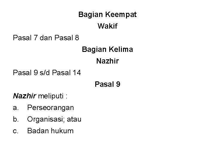 Bagian Keempat Wakif Pasal 7 dan Pasal 8 Bagian Kelima Nazhir Pasal 9 s/d