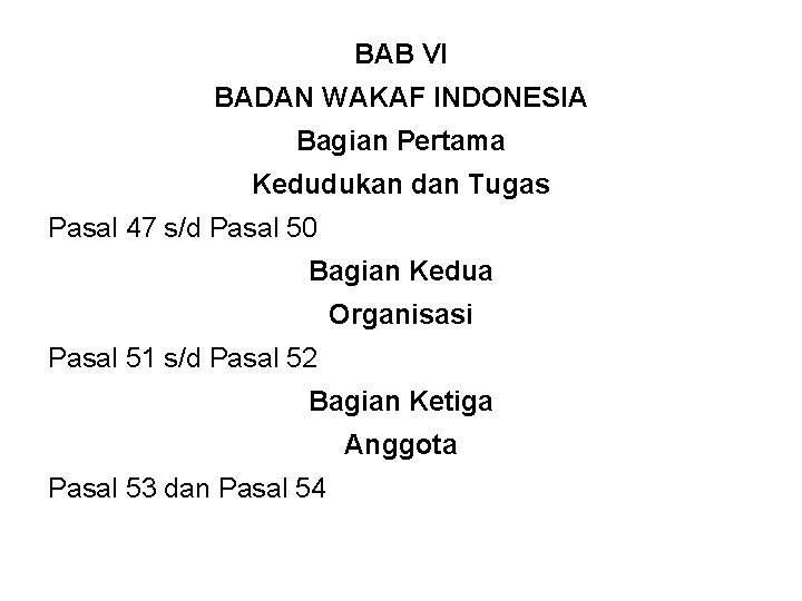 BAB VI BADAN WAKAF INDONESIA Bagian Pertama Kedudukan dan Tugas Pasal 47 s/d Pasal