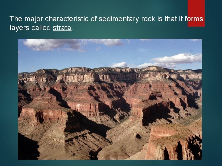 The major characteristic of sedimentary rock is that it forms layers called strata. 