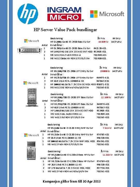 HP Server Value Pack bundlingar Antal 1 2 1 1 Beskrivning HP DL 380