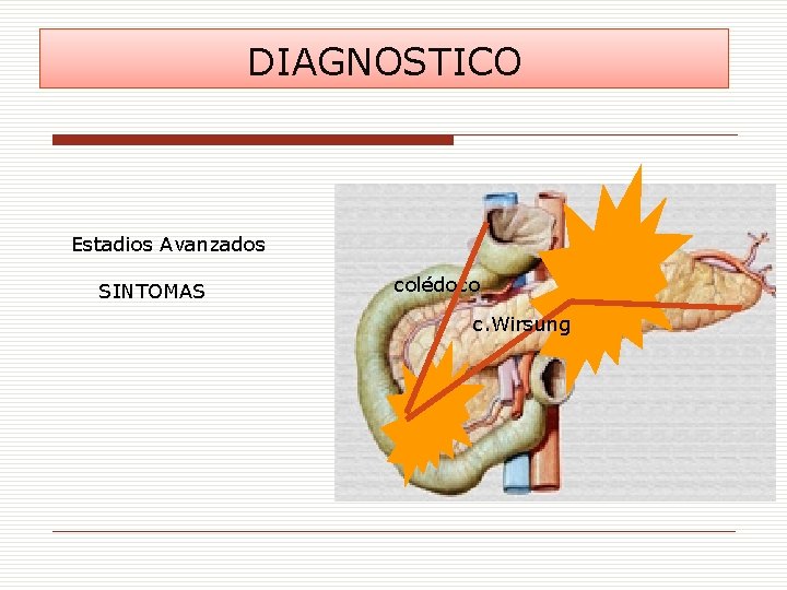 DIAGNOSTICO Estadios Avanzados SINTOMAS colédoco c. Wirsung 