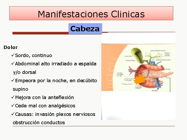 Manifestaciones Clinicas Cabeza Dolor üSordo, continuo üAbdominal alto irradiado a espalda y/o dorsal üEmpeora