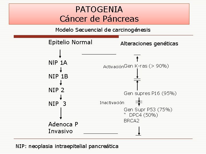 PATOGENIA Cáncer de Páncreas Modelo Secuencial de carcinogénesis Epitelio Normal Nl. P 1 A