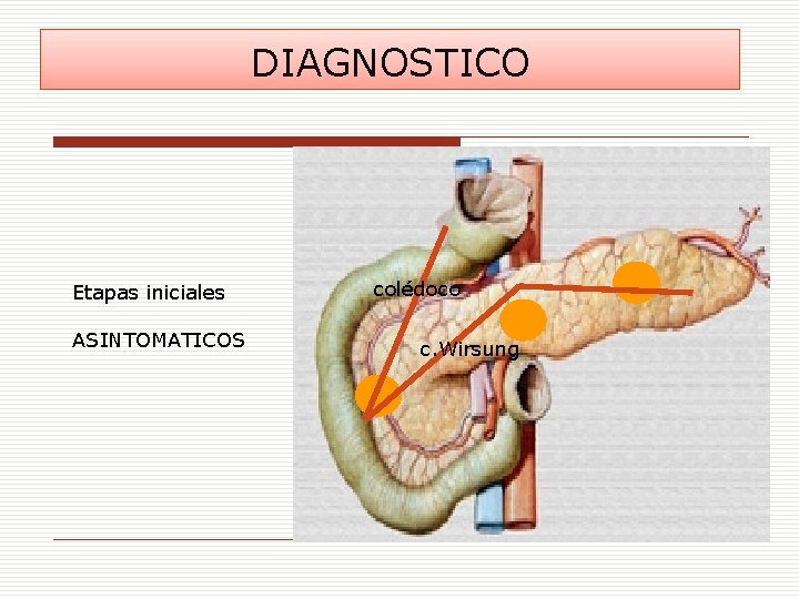 DIAGNOSTICO Etapas iniciales ASINTOMATICOS colédoco c. Wirsung 