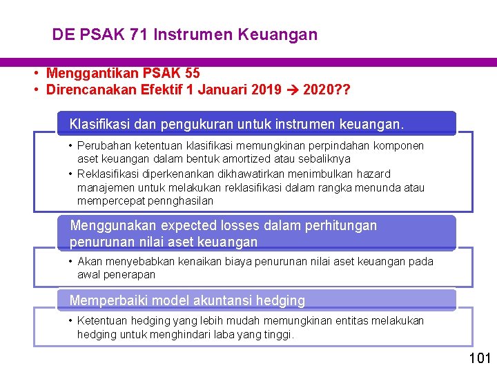 DE PSAK 71 Instrumen Keuangan • Menggantikan PSAK 55 • Direncanakan Efektif 1 Januari