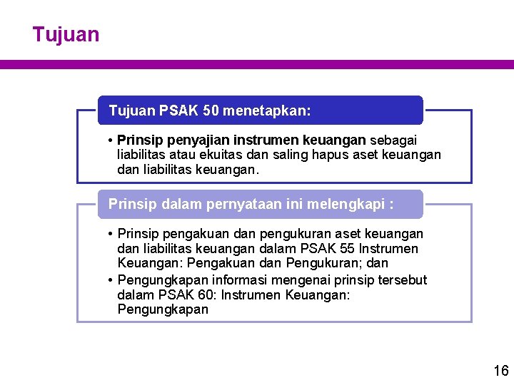 Tujuan PSAK 50 menetapkan: • Prinsip penyajian instrumen keuangan sebagai liabilitas atau ekuitas dan