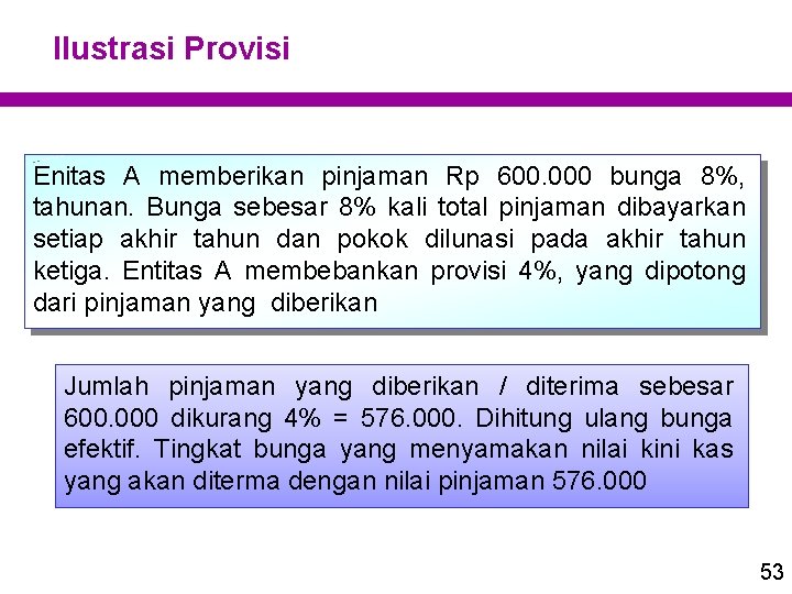 Ilustrasi Provisi Enitas A memberikan pinjaman Rp 600. 000 bunga 8%, tahunan. Bunga sebesar