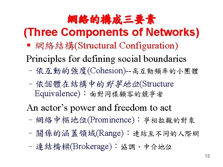 網絡的構成三要素 (Three Components of Networks) § 網絡結構(Structural Configuration) Principles for defining social boundaries –依互動的強度(Cohesion)--高互動頻率的小團體