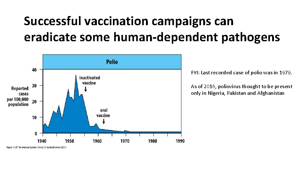 Successful vaccination campaigns can eradicate some human-dependent pathogens FYI: Last recorded case of polio