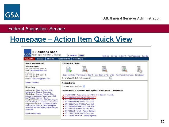 U. S. General Services Administration Federal Acquisition Service Homepage – Action Item Quick View