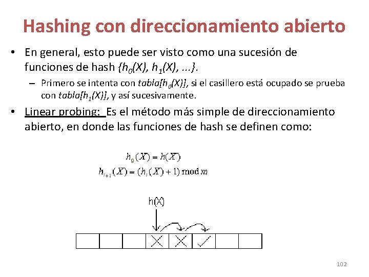 Hashing con direccionamiento abierto • En general, esto puede ser visto como una sucesión Hashing con direccionamiento abierto • En general, esto puede ser visto como una sucesión