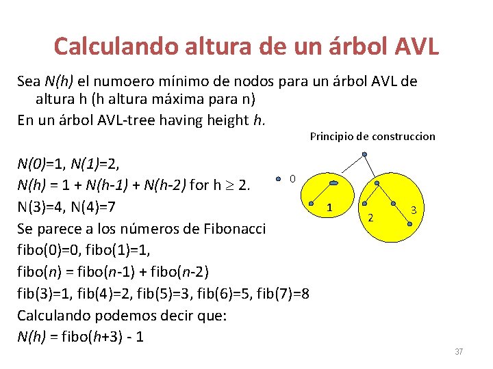 Calculando altura de un árbol AVL Sea N(h) el numoero mínimo de nodos para Calculando altura de un árbol AVL Sea N(h) el numoero mínimo de nodos para