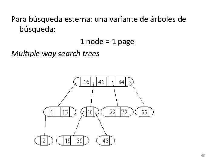 Para búsqueda esterna: una variante de árboles de búsqueda: 1 node = 1 page Para búsqueda esterna: una variante de árboles de búsqueda: 1 node = 1 page