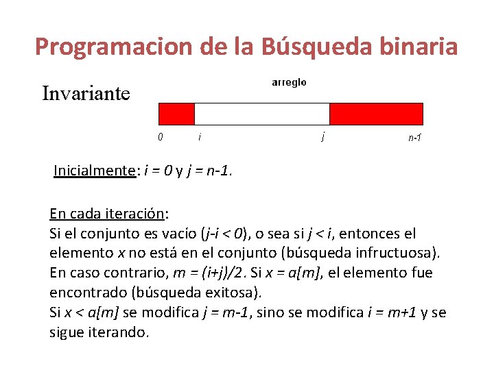 Programacion de la Búsqueda binaria Invariante Inicialmente: i = 0 y j = n-1. Programacion de la Búsqueda binaria Invariante Inicialmente: i = 0 y j = n-1.