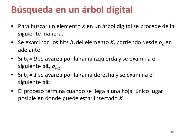 Búsqueda en un árbol digital • Para buscar un elemento X en un árbol Búsqueda en un árbol digital • Para buscar un elemento X en un árbol