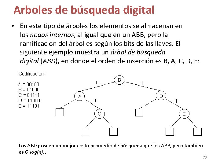 Arboles de búsqueda digital • En este tipo de árboles los elementos se almacenan Arboles de búsqueda digital • En este tipo de árboles los elementos se almacenan
