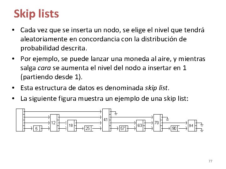 Skip lists • Cada vez que se inserta un nodo, se elige el nivel Skip lists • Cada vez que se inserta un nodo, se elige el nivel