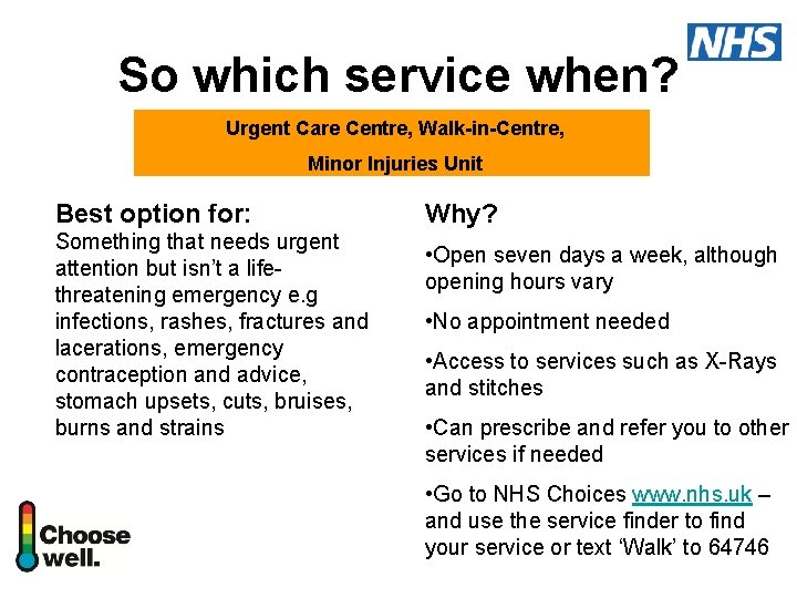 So which service when? Urgent Care Centre, Walk-in-Centre, Minor Injuries Unit Best option for: